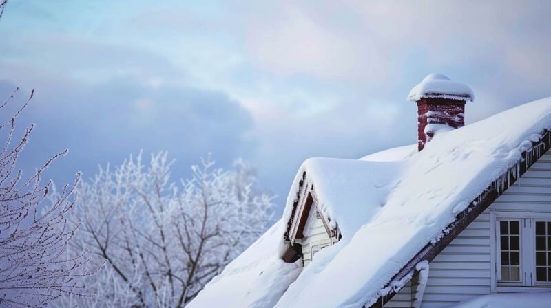 Snow-covered house roof and chimney beside frosted trees under a pale winter sky.