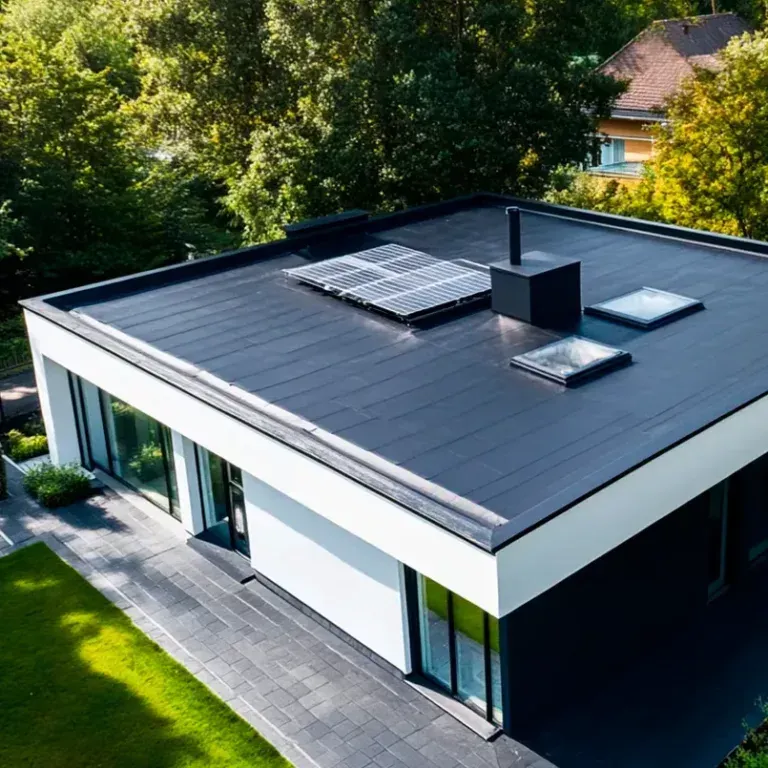Modern flat-roof house with rooftop solar panels, surrounded by trees and a paved patio
