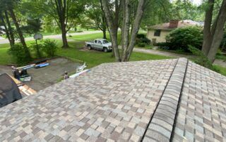 View from a shingled roof over a leafy suburban yard with trees and a white car parked below.