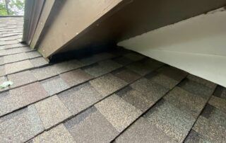Close-up of roof shingles beneath a metal roof edge with visible dark water damage or gap.