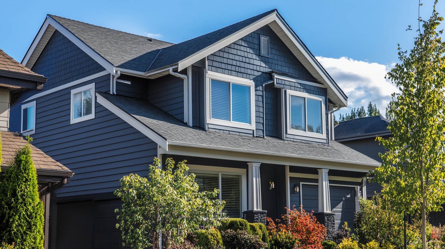 Blue two-story suburban house with dormer windows and a front porch surrounded by greenery