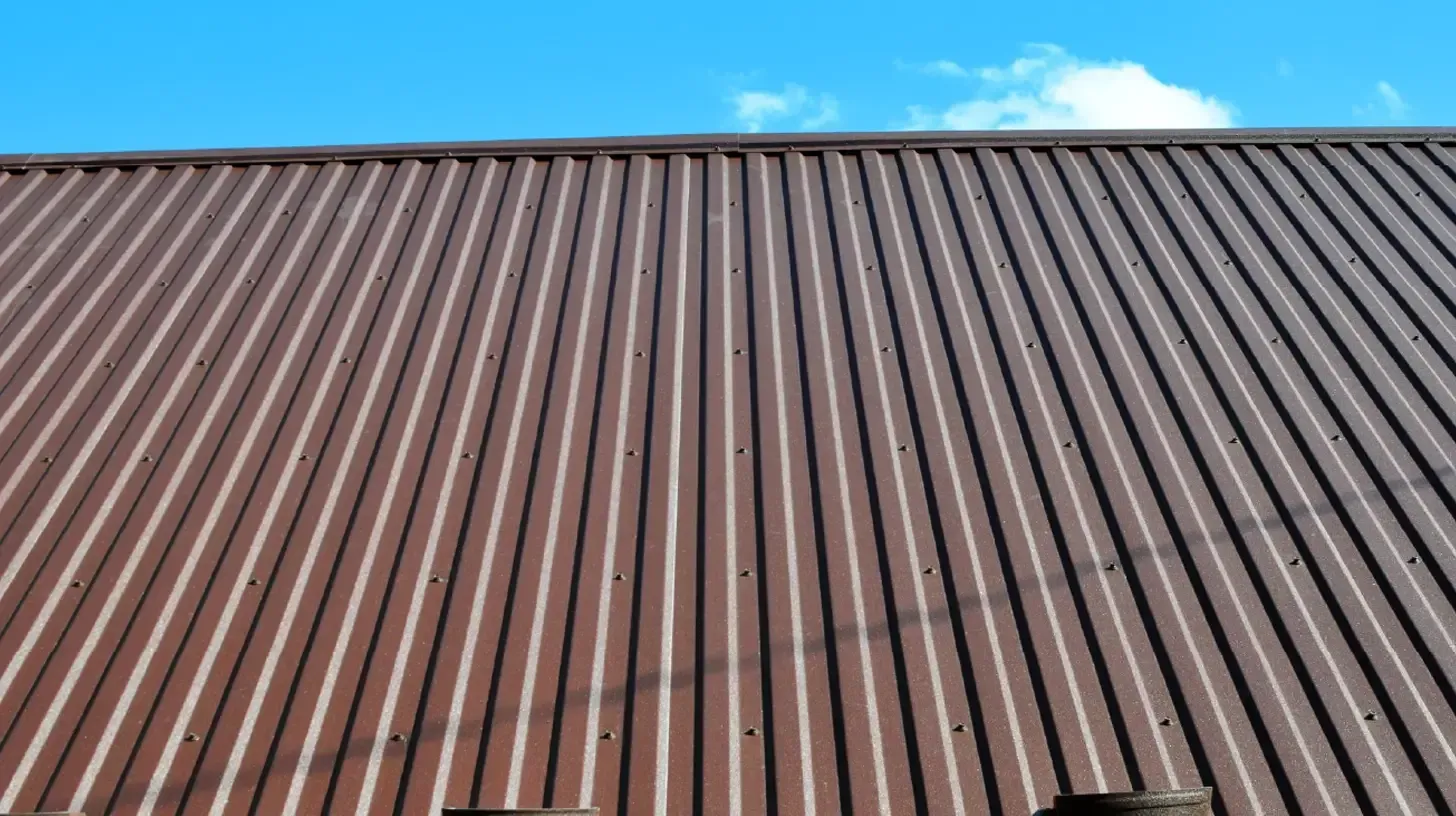 Close-up of a corrugated rust-brown metal roof against a blue sky with small clouds