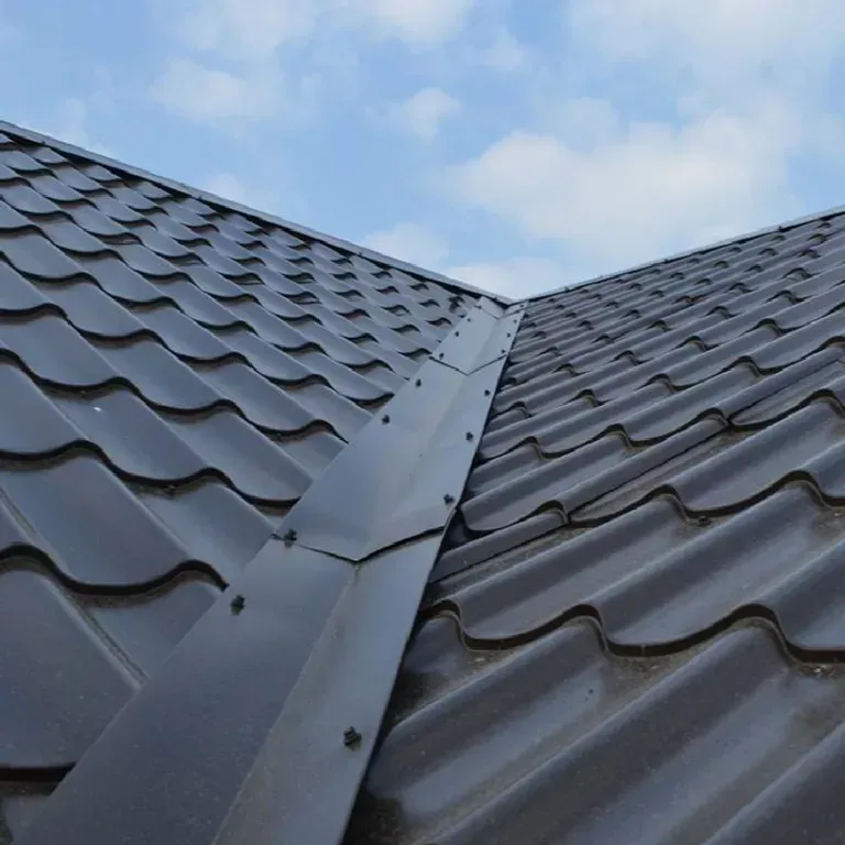 Dark gray metal roof with wavy panels and a central seam under a blue sky