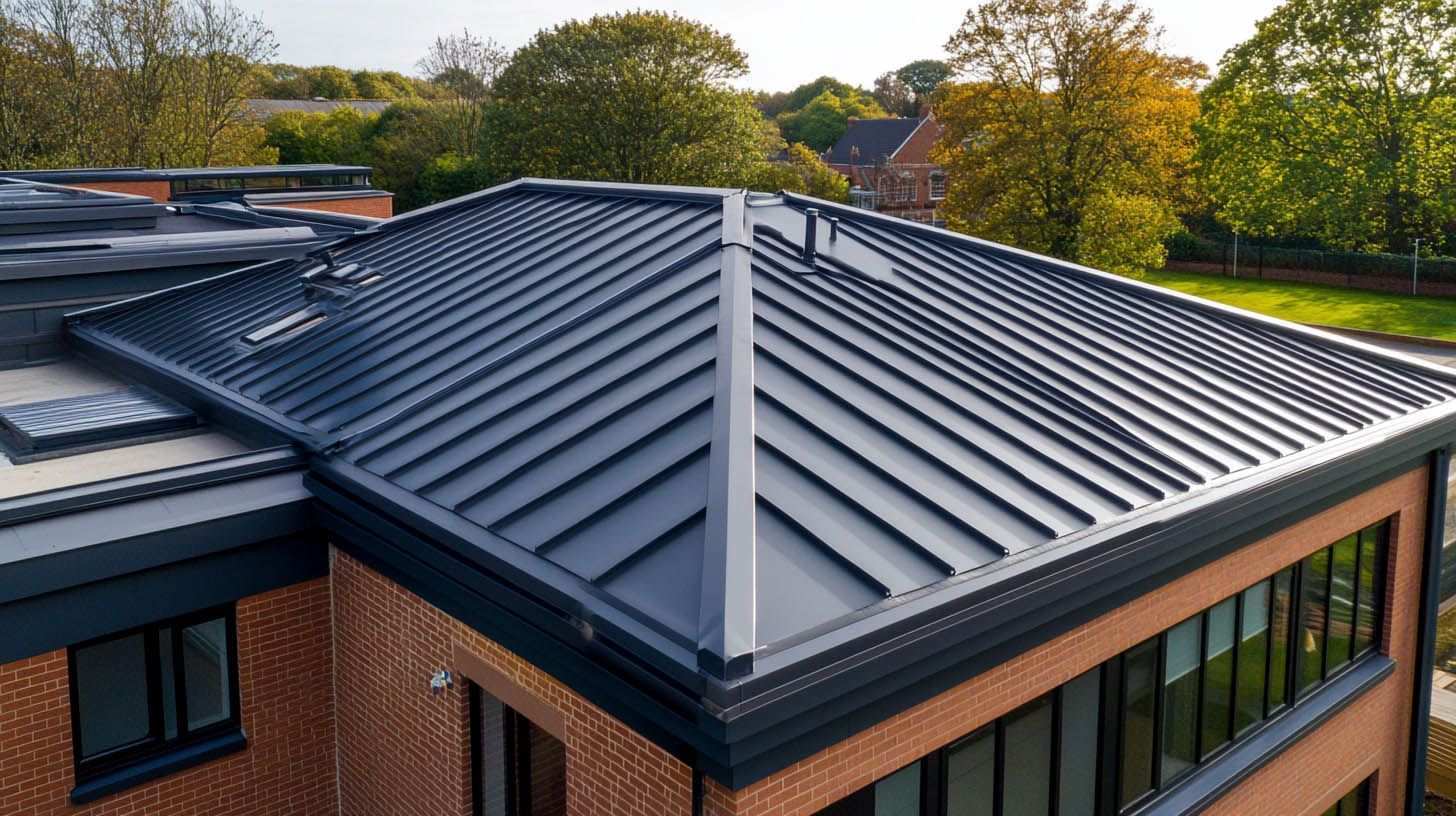 An elevated view of a modern building with a dark grey, standing seam metal roof and red brick walls.