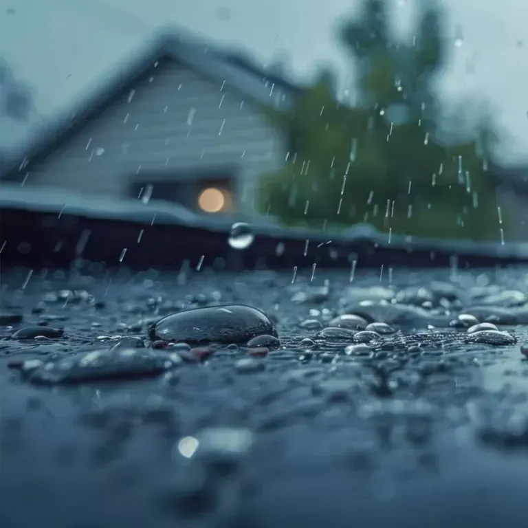 Rain splashing on a wet road with a blurred house and tree in the background