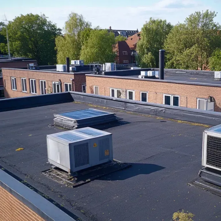 Rooftop HVAC units on a flat black roof beside brick buildings and green trees.