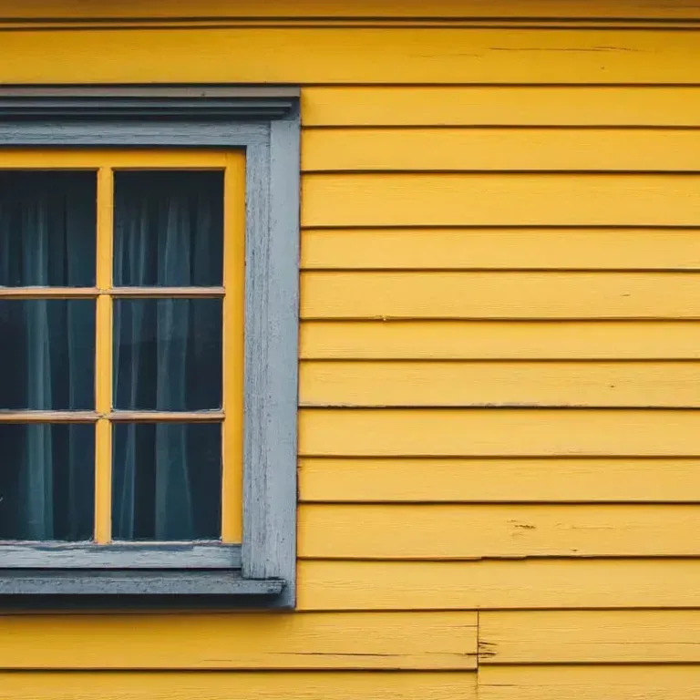 Blue window on a yellow wooden house wall