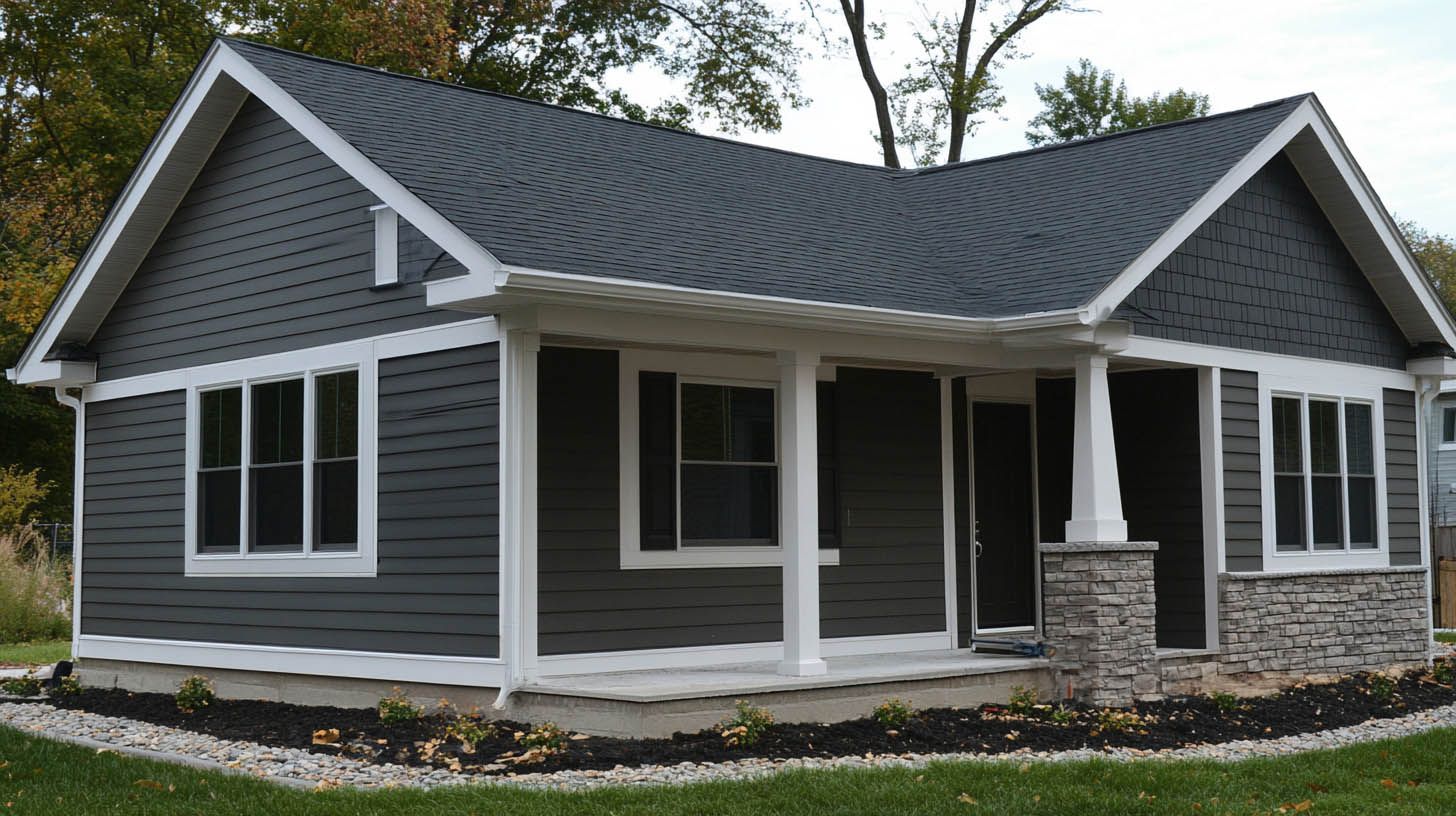 Gray single-story house with white trim, dark shingle roof, and stone porch accents.