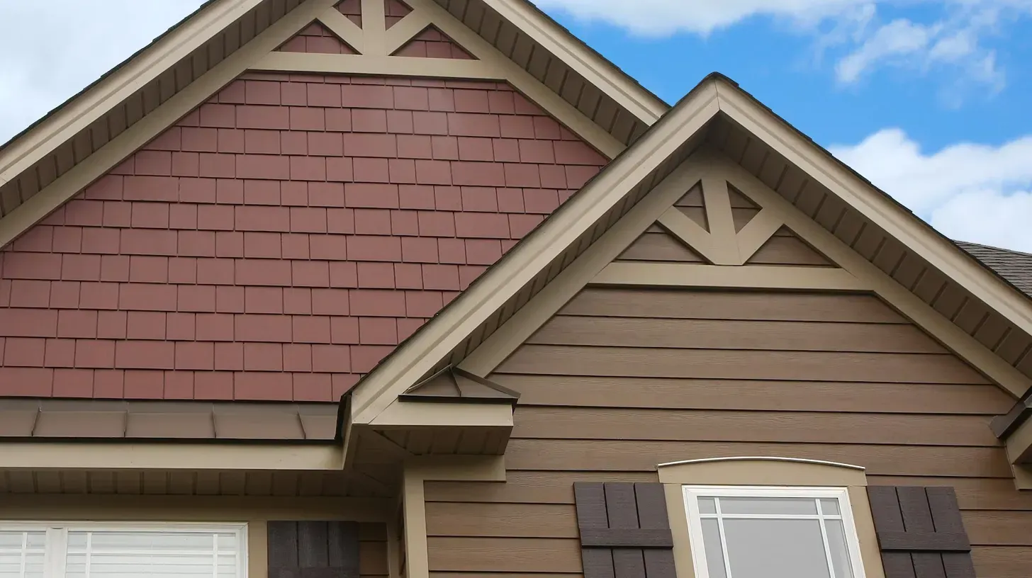 Close-up of a house roof with red and brown shingles against a blue sky.