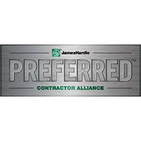 James Hardie Preferred Contractor Alliance logo on a gray sign with green accents
