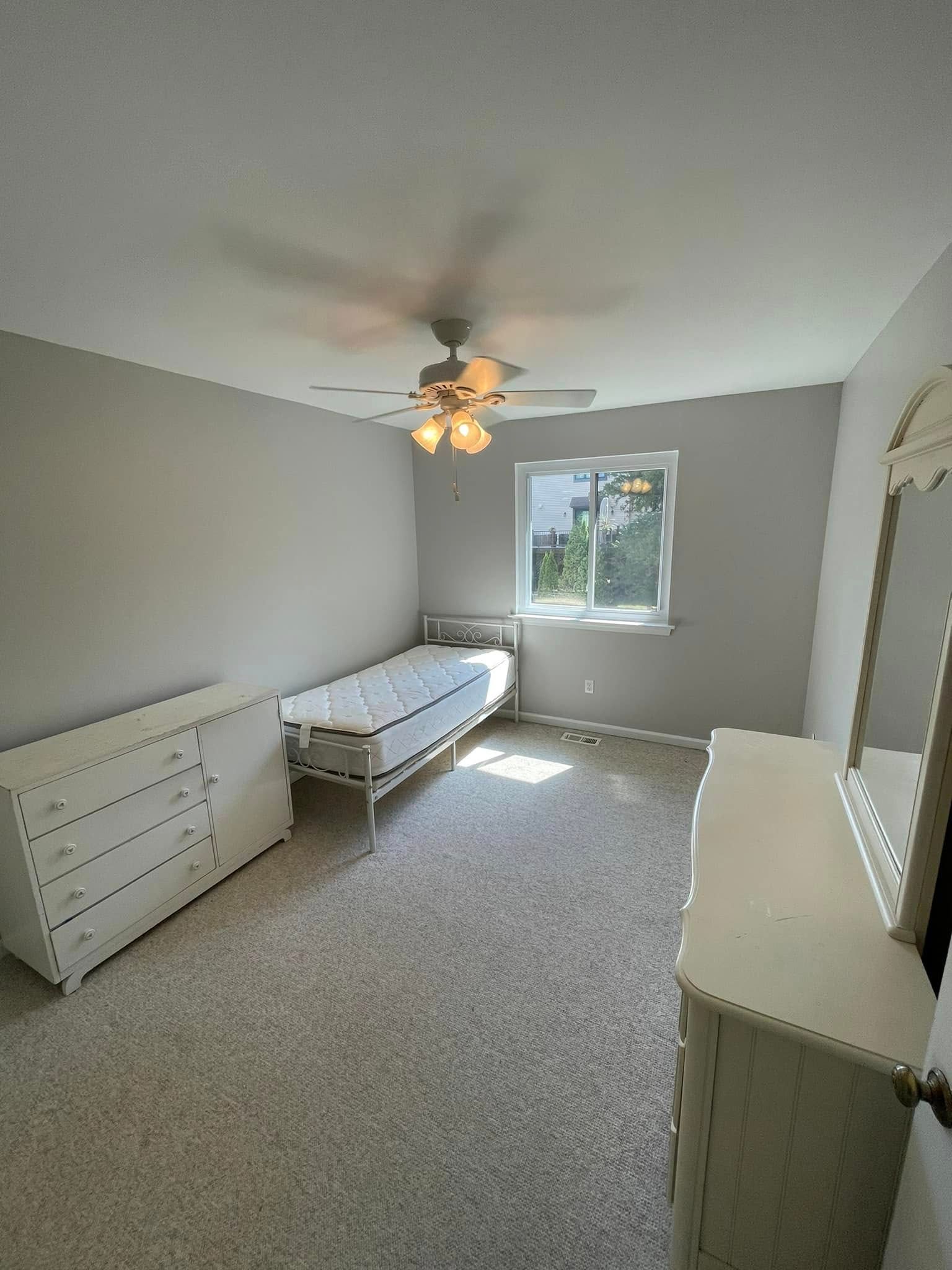 A bedroom with a single bed , dresser , mirror and ceiling fan.