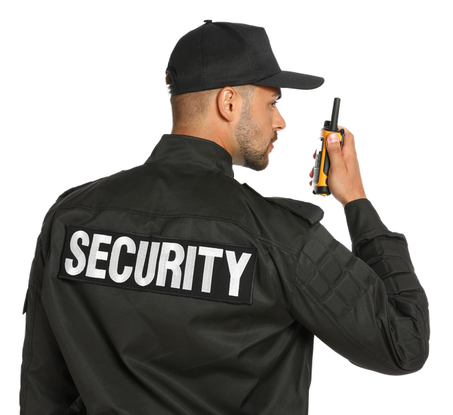 a security guard is talking on a walkie talkie