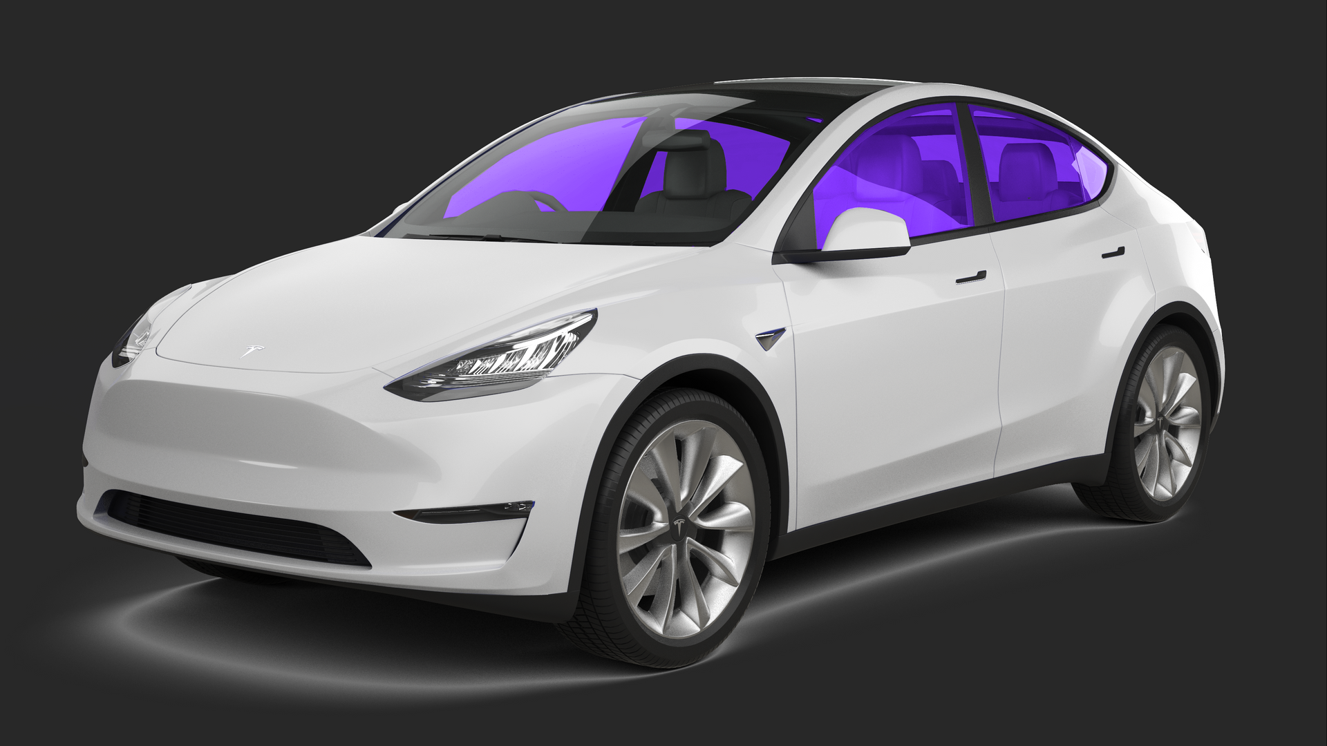 White Tesla Model Y car with purple tinted windows.