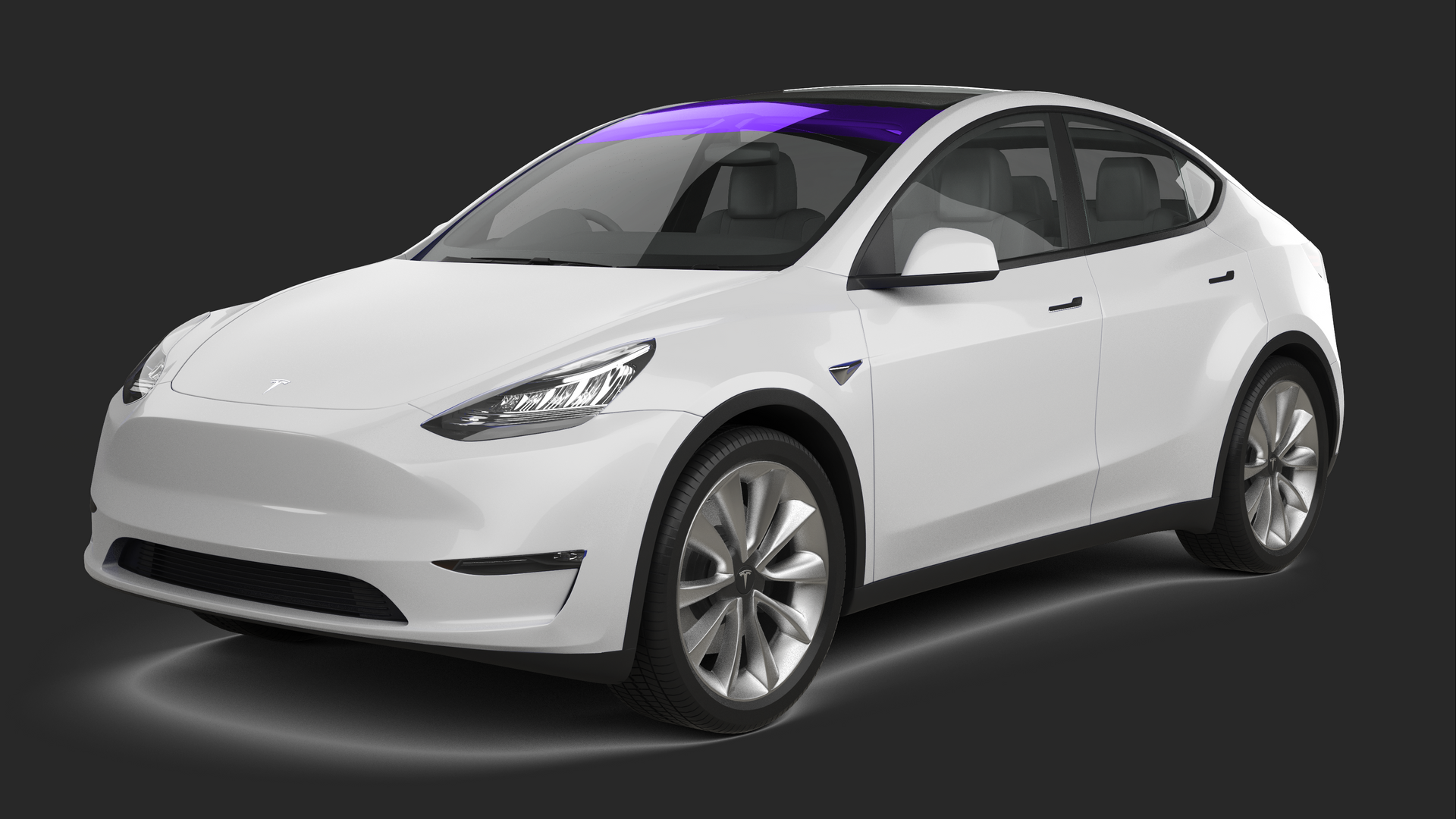 White Tesla Model Y electric SUV. Black trim, grey wheels, tinted panoramic roof.