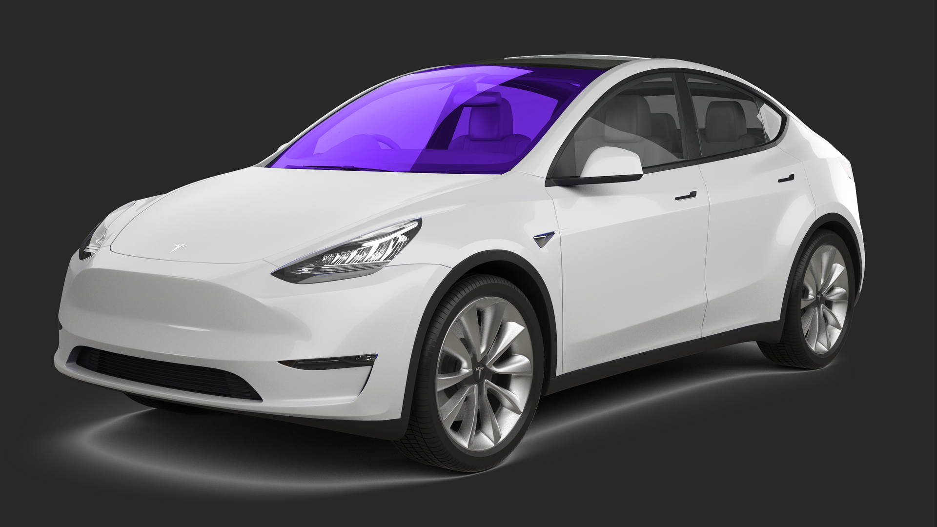 White Tesla Model Y with purple-tinted windows on a dark background.