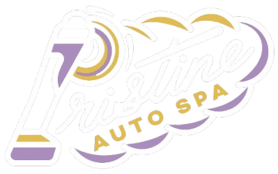 Logo for Pristine Auto Spa, featuring purple, gold, and white text and design.