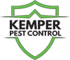 Kemper Pest Control logo with green shield outline and bold black text on white background