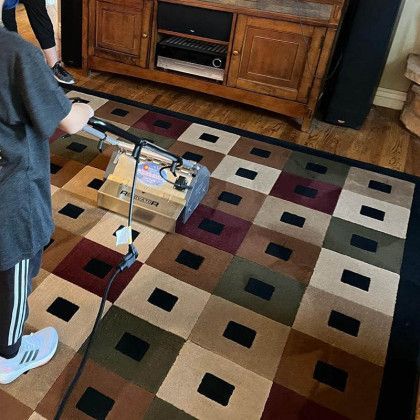 a person cleaning a rug in a living room