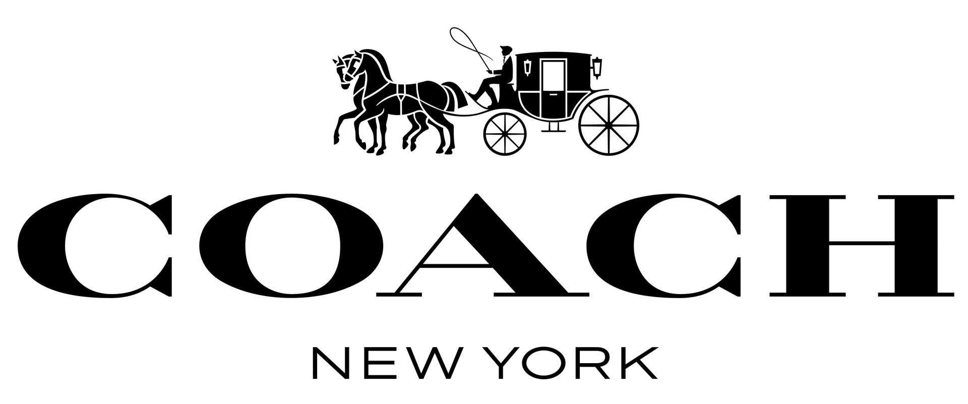 A black and white logo for coach new york with a horse drawn carriage