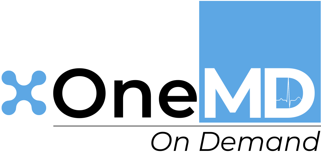 Logo for OneMD, a healthcare provider. Text includes 
