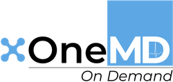 Logo for OneMD: Light blue abstract shape and text 