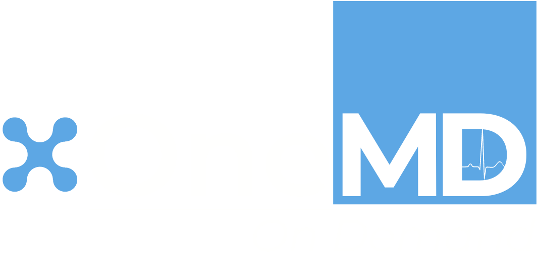 Logo of XMD: light blue emblem and text 