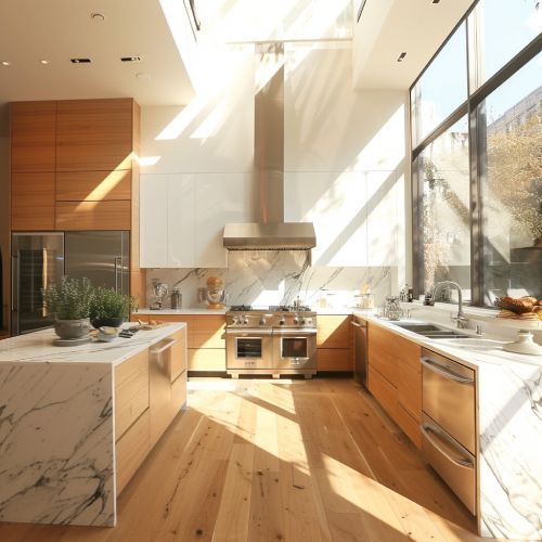 A kitchen with stainless steel appliances and wooden cabinets