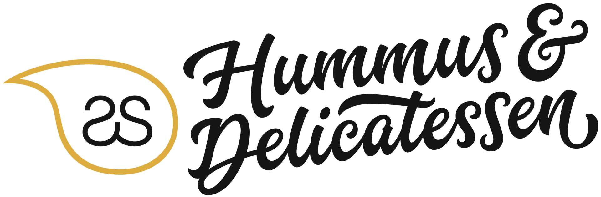 Het logo voor hummus en delicatessen is zwart en goud en lijkt op een tekstballon.