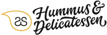 Het logo voor hummus en delicatessen is zwart en goud en lijkt op een tekstballon.