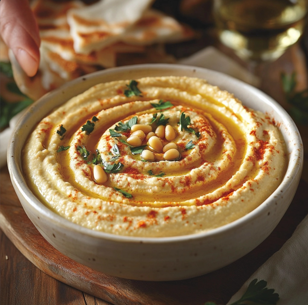 Een kom hummus met pijnboompitten erop