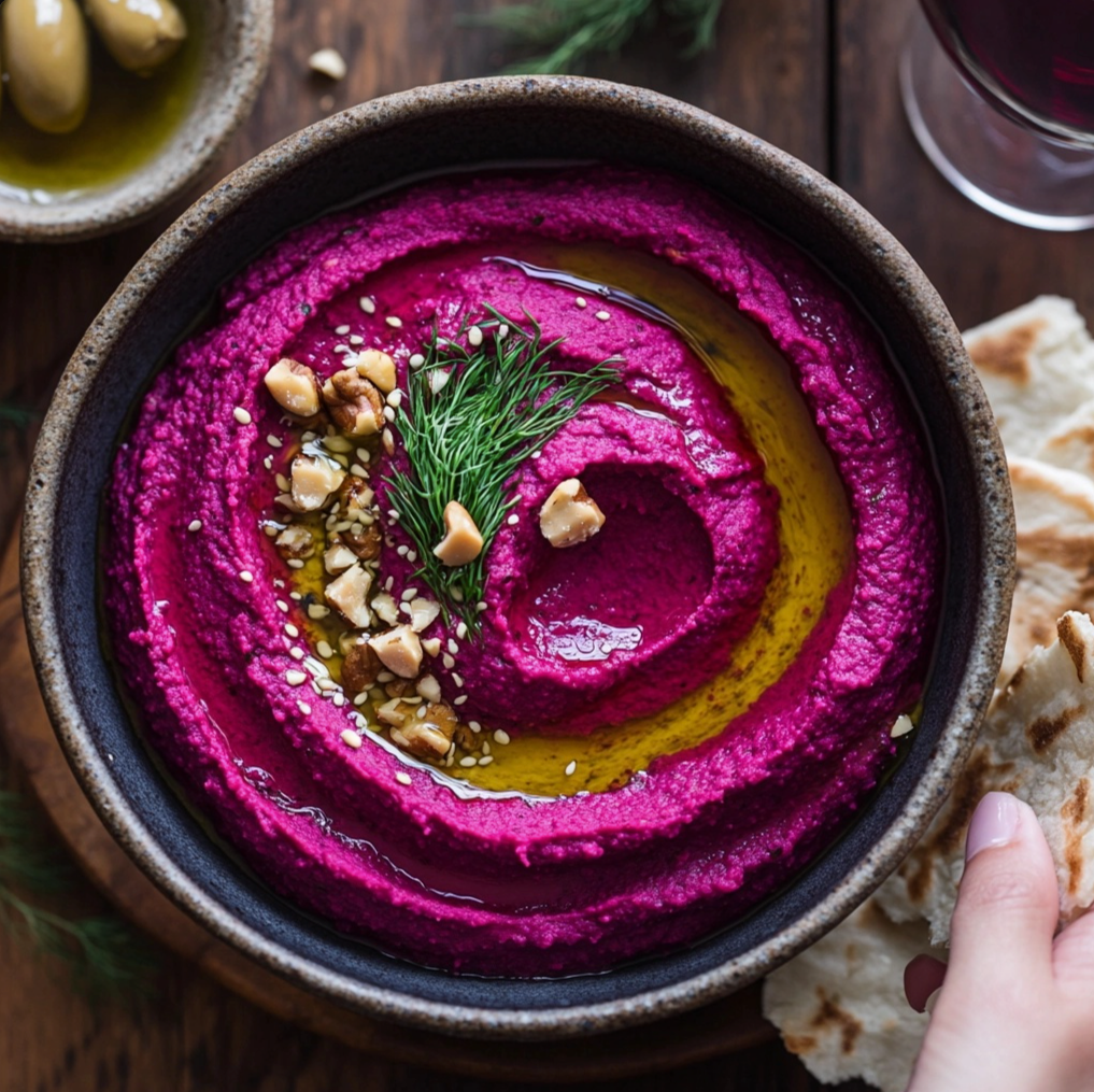 Een persoon houdt een kom paarse hummus vast op een houten tafel.