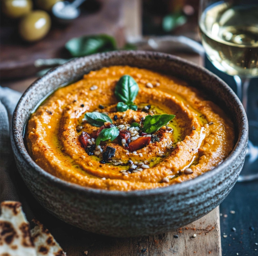 Er staat een kom hummus op een houten tafel, naast een glas wijn.