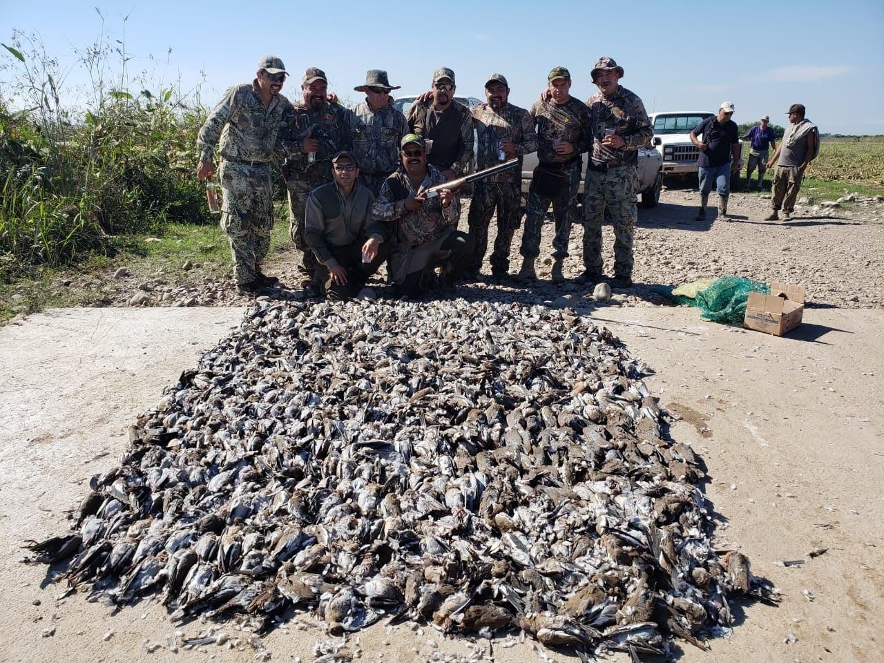 Soldiers standing behind a large pile of harvested fish on a dirt road by the water