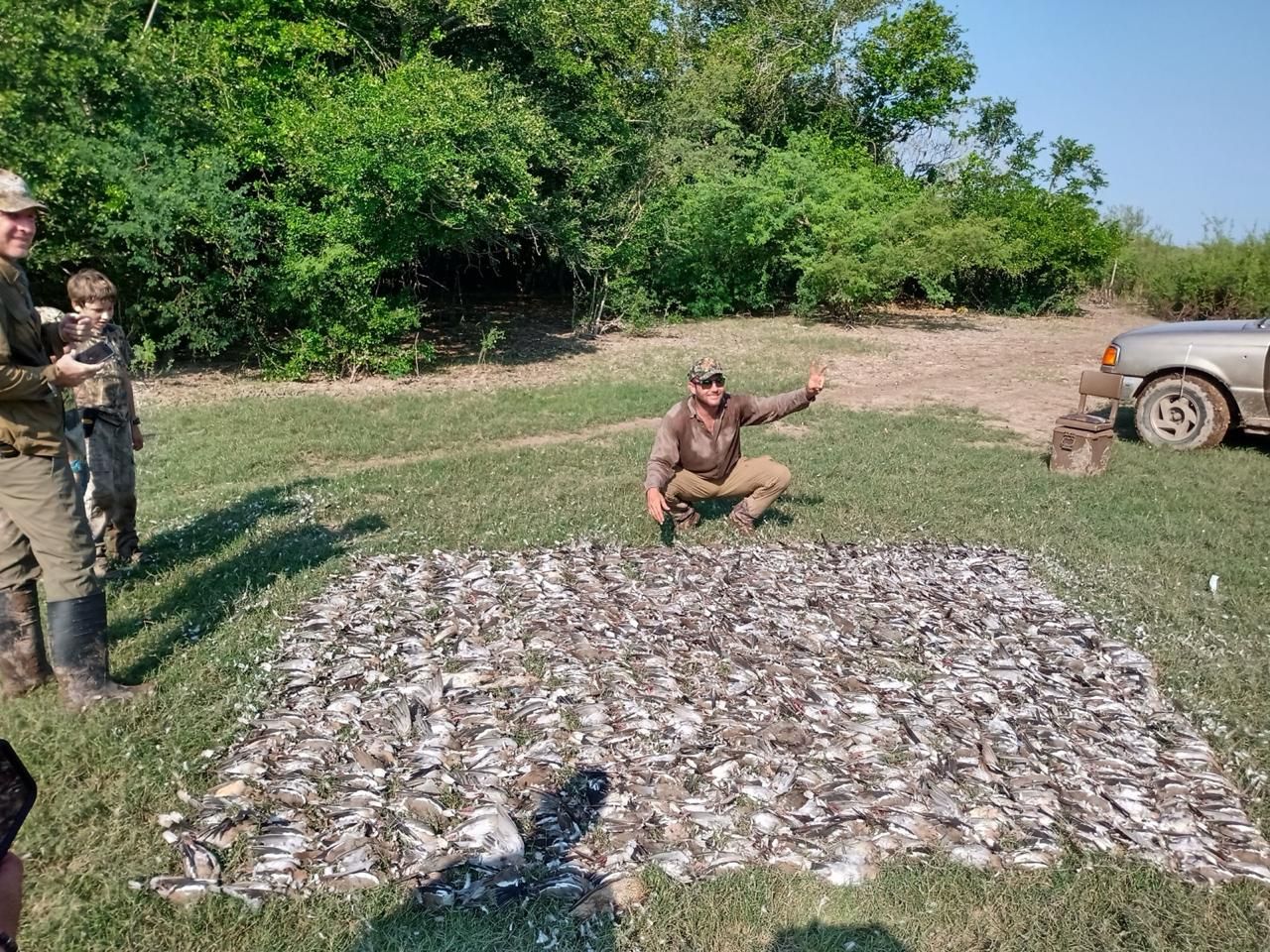 Man crouches beside a large pile of fish drying on grass; another person stands nearby, with a truck in the background.