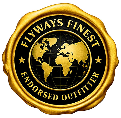 Gold wax-seal logo with globe and the text “Flyways Finest Endorsed Outfitter”