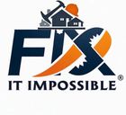 Logo for "Fix It Impossible" featuring text, a house icon, a hammer, and an orange circular saw blade.