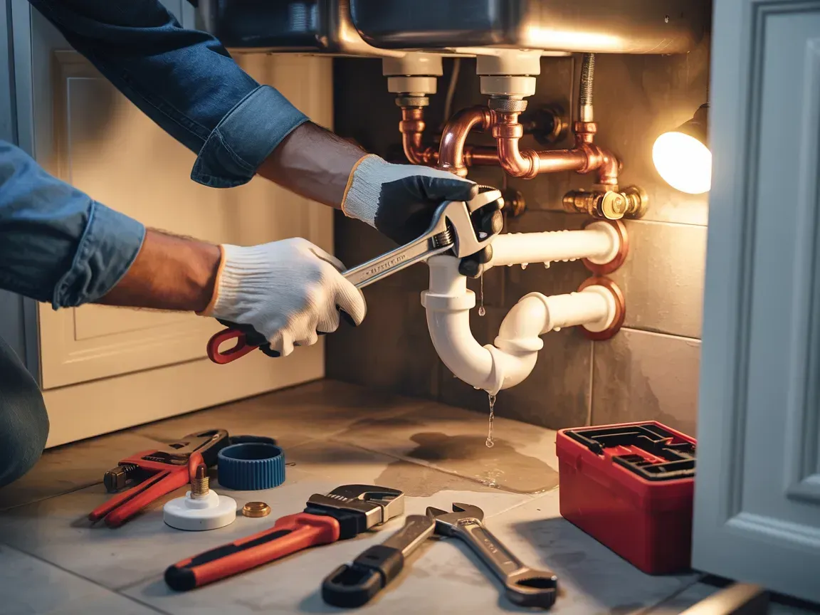 A plumber wearing gloves uses a wrench to repair a leaking white pipe under a kitchen sink, with tools spread on the floor.