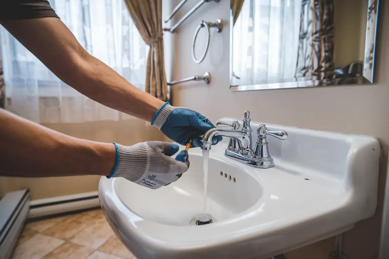 A person is fixing a sink in a bathroom.