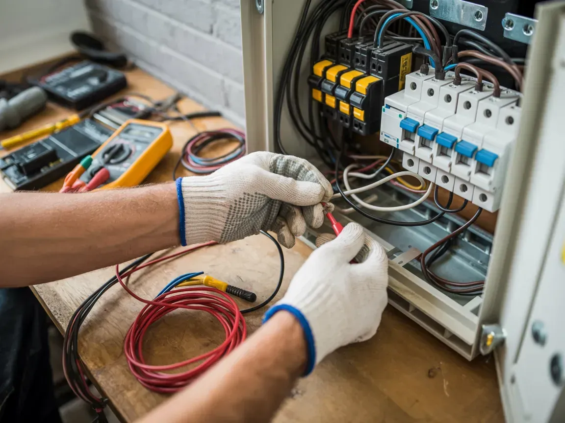 A person wearing gloves tests wiring inside an open electrical breaker box on a wooden workbench.