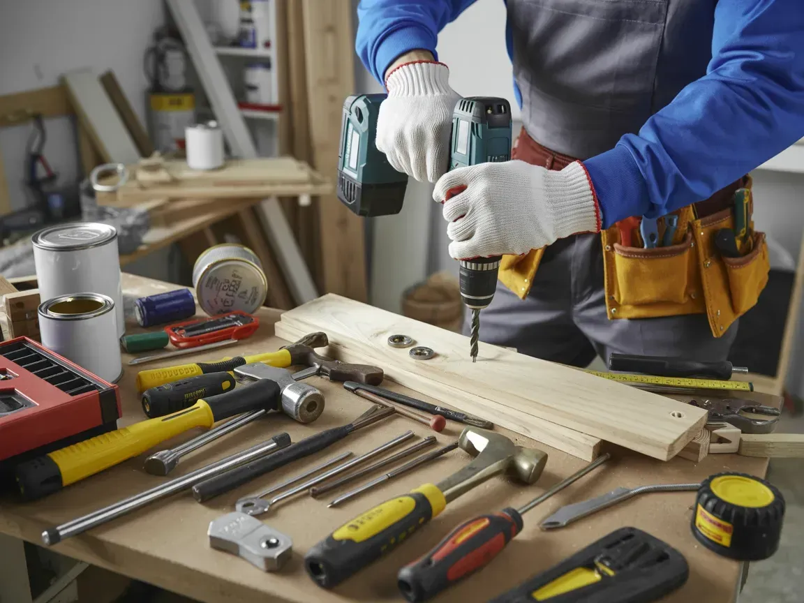 A person in a blue shirt and work gloves uses a power drill on a wooden board amidst various tools on a workbench.