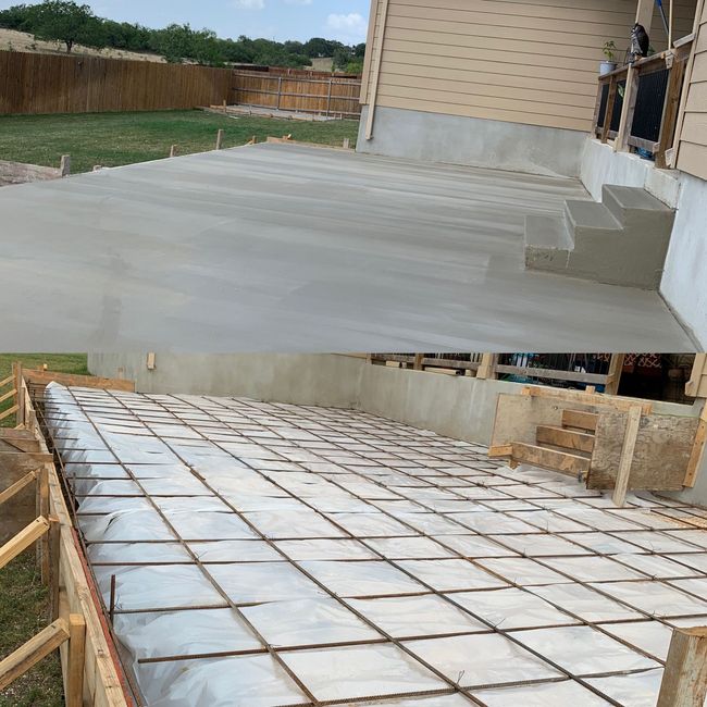 A before and after picture of a concrete driveway being built.