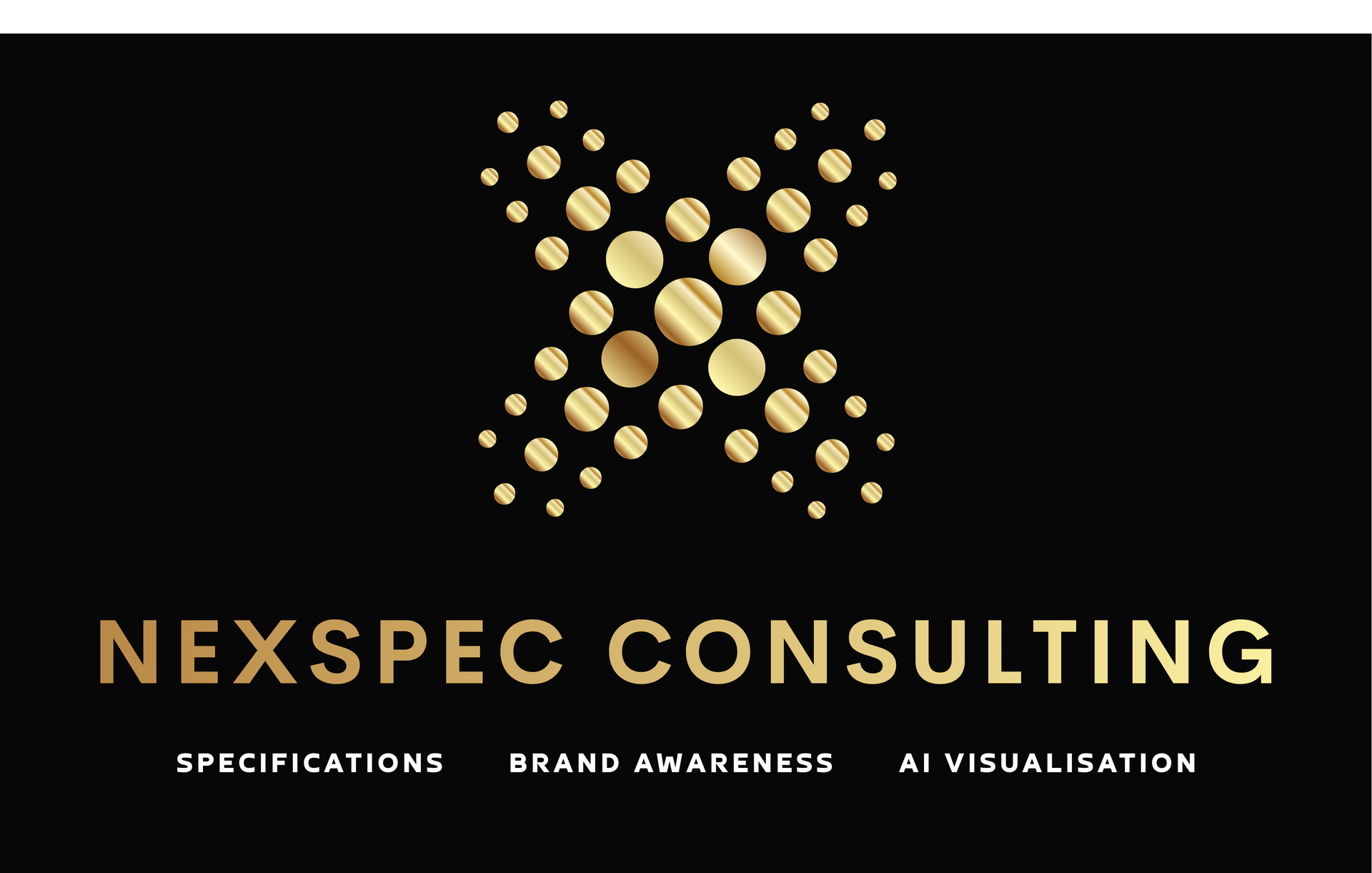 NEXSPEC CONSULTING logo on black background with gold dot pattern and tagline: Specifications, Brand Awareness, AI Visualisation