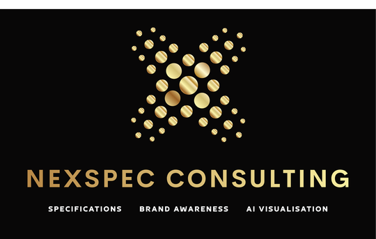 NEXSPEC CONSULTING logo on black background with gold dot pattern and tagline: Specifications, Brand Awareness, AI Visualisation