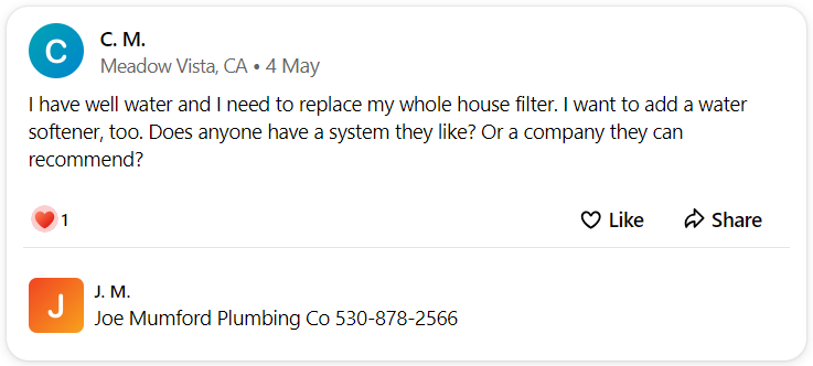 A facebook post that says `` i have well water and i need to replace my whole house filter . ''