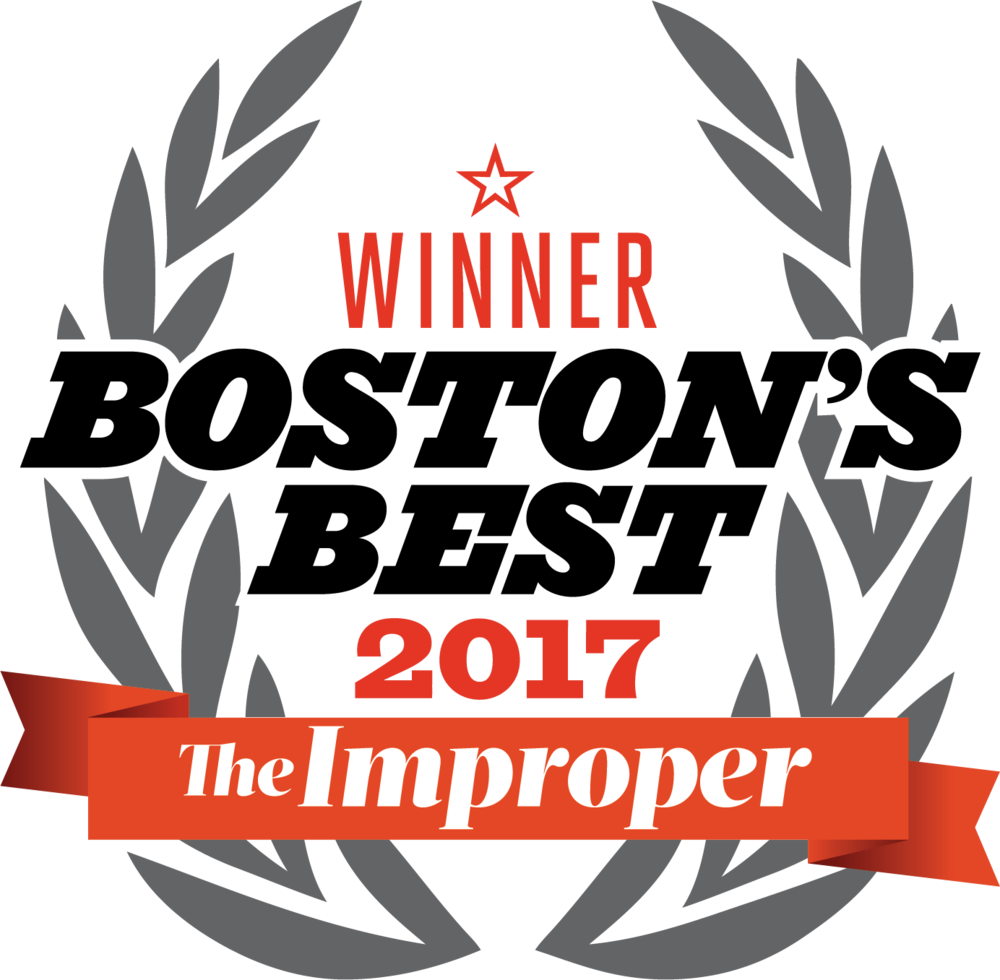 The logo for boston 's best 2017 has a laurel wreath and a red ribbon.