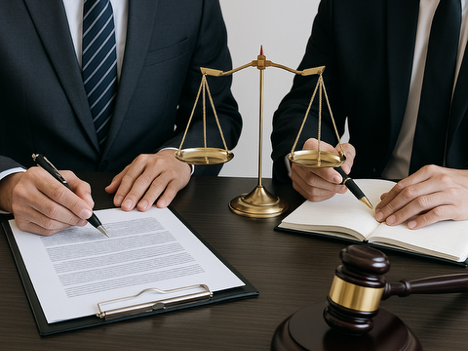 Two men are sitting at a table with a gavel and scales of justice.