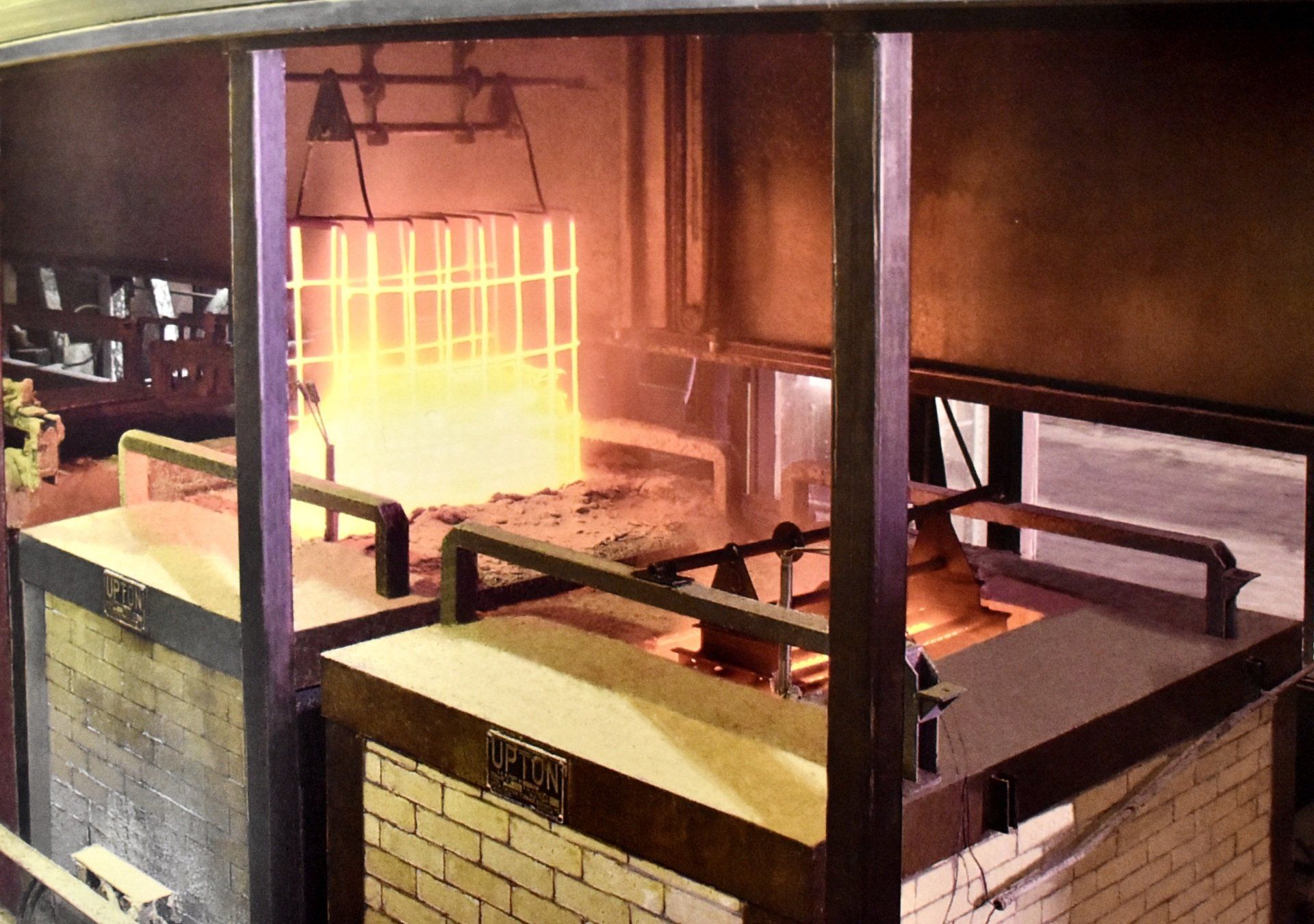 A room with a brick wall and a stove in it