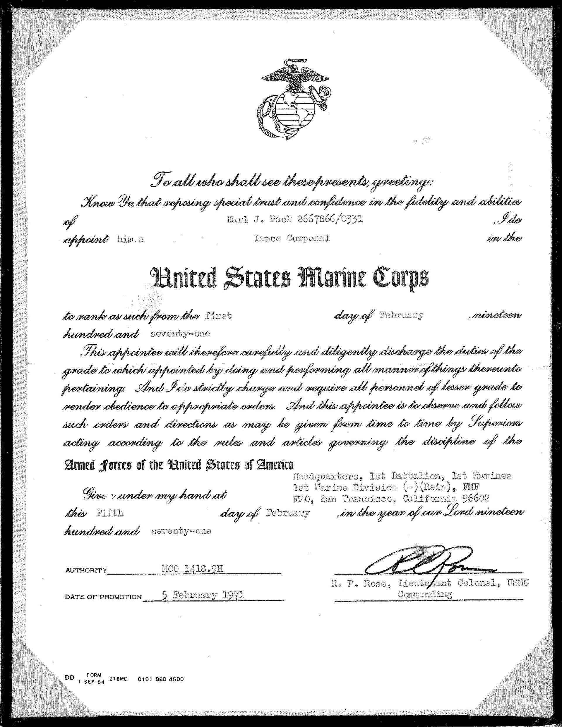It is a certificate from the united states marine corps.