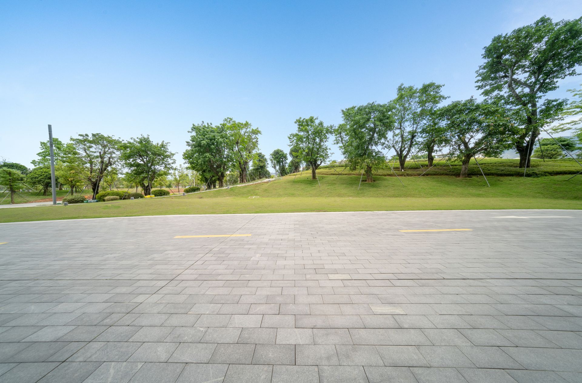 An empty brick pavement in a park with trees in the background.