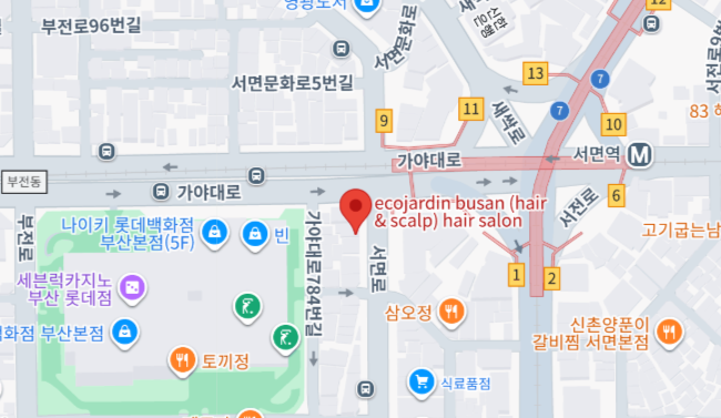 Colorful Korean city map with roads, place names, and transit icons near a highlighted route area